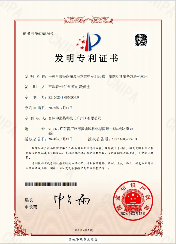 A Traditional Chinese Medicine Composition for Alleviating Pain and Numbness, Its Formulation, Preparation Method, and Application